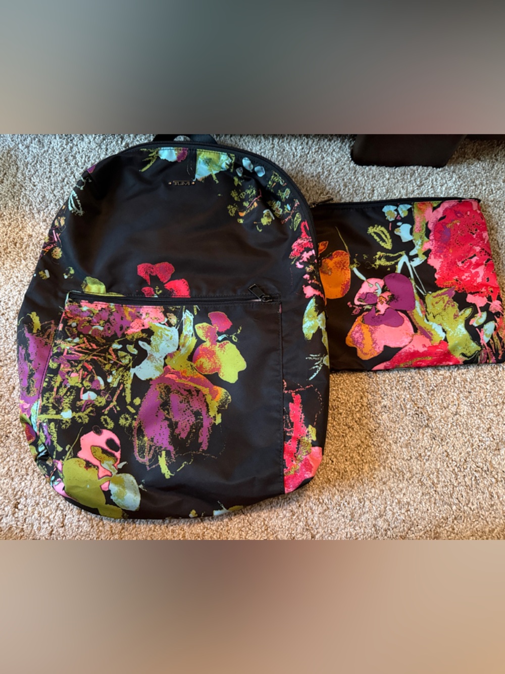 Tumi Black Backpack with Neon Floral Print (Pink, Green, Yellow)